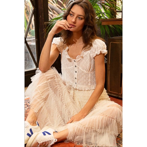 POL Cream Pearl Beaded Ruffle Tiered Tulle Maxi Skirt - Picture 7 of 11